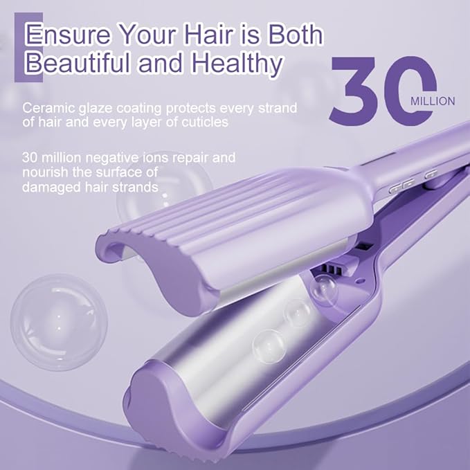 Beach Wave Curling Iron for Women 36mm (1.41”) Hair Crimper with 3 Temperature Settings Fast Heating Ionic Hair Curler Tool with Intelligent Power Off for Hair Styling (Purple)