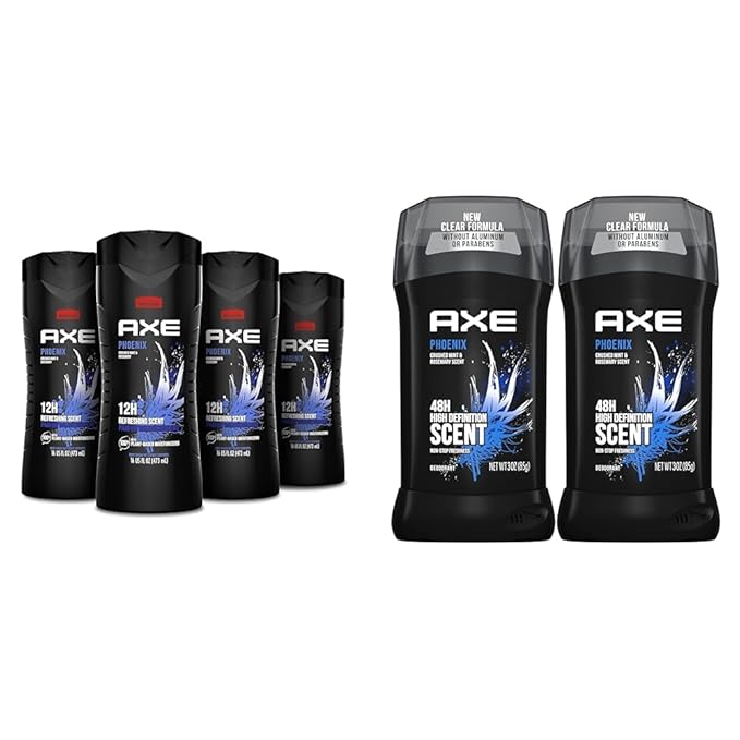 AXE Phoenix Body Wash 4 Count 16oz + Deodorant Stick Twin Pack Crushed Mint &amp Rosemary