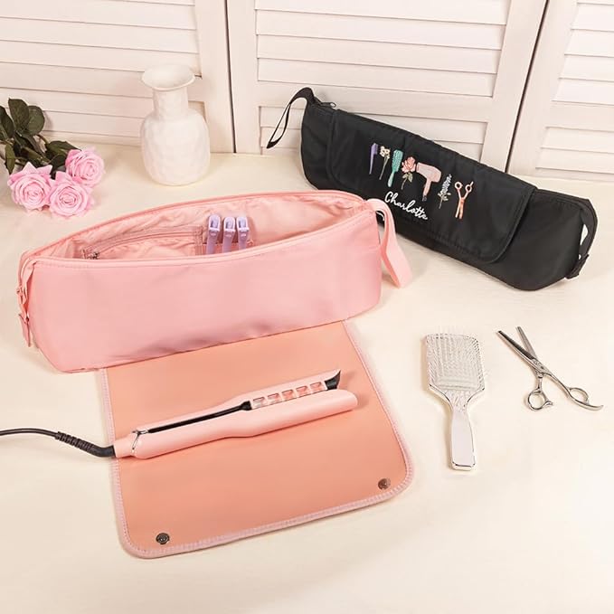 Custom Hair Tools Travel Bag Personalzied Name Birth Flower Hair Accessories Organizer Case With Heat Resistant Mat for Curling Iron Straightener Flat Iron Black Pink Size 4.7 * 5.9 * 18INCH