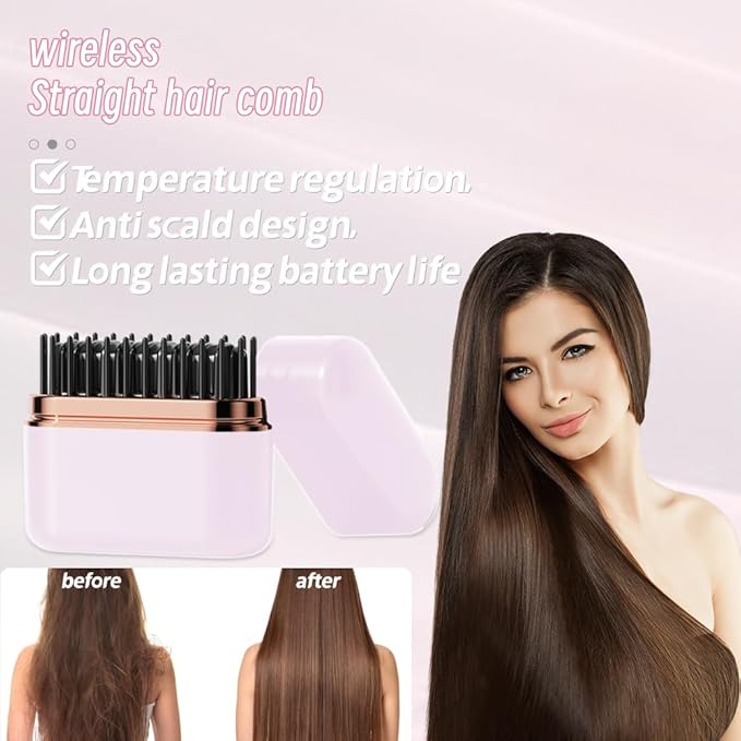 Electric Hot Comb StraightenerMini Hair Straightening CombCordless Rechargeable LCD Display USB Negative Ion Hair Styling Comb for BangsHome Travel Use Gift for Mom Grandmother (White)