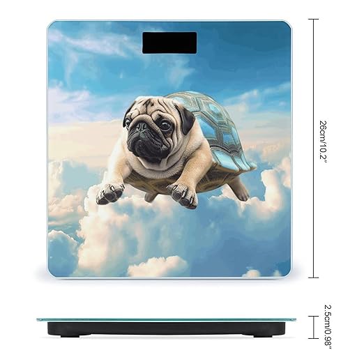 Funny Turtle Pug Dog in The Sky Weight ScaleClear LED Display Bathroom Digital Weighing ScaleTempered Glass Digital Bathroom Scale for Body Weight Capacity Up to 400 Lbs