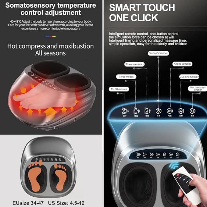 Foot Massager Machine with Heating 3 Massage/Pressure Modes Remote Control Electric Shiatsu Deep Kneading Heated Foot Massage for Plantar Fasciitis Neuropathy Pain Relief Therapy (White)