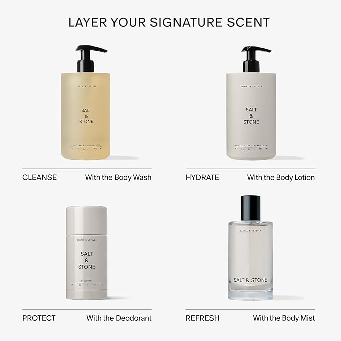 Salt &amp Stone Body Wash with Antioxidants for Deep Moisture | For Women &amp Men Sulfate Paraben &amp Dye Free Leaving Skin Soft and Hydrated | Santal &amp Vetiver 15.2 fl oz
