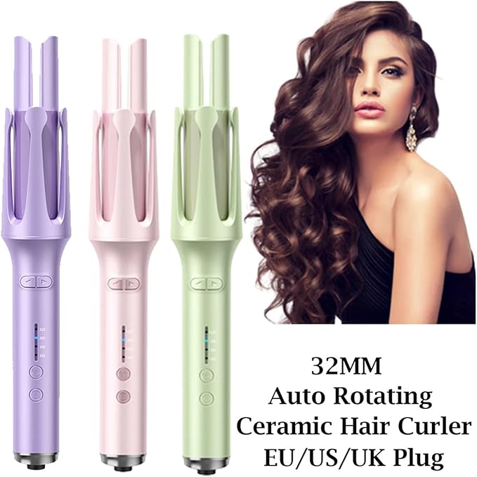 32MM Rotating Negative Hair Curler - 4 Temperature Big Wave Curling Iron for Effortless Styling - EU/US/UK Plug(Purple 32MMEU)