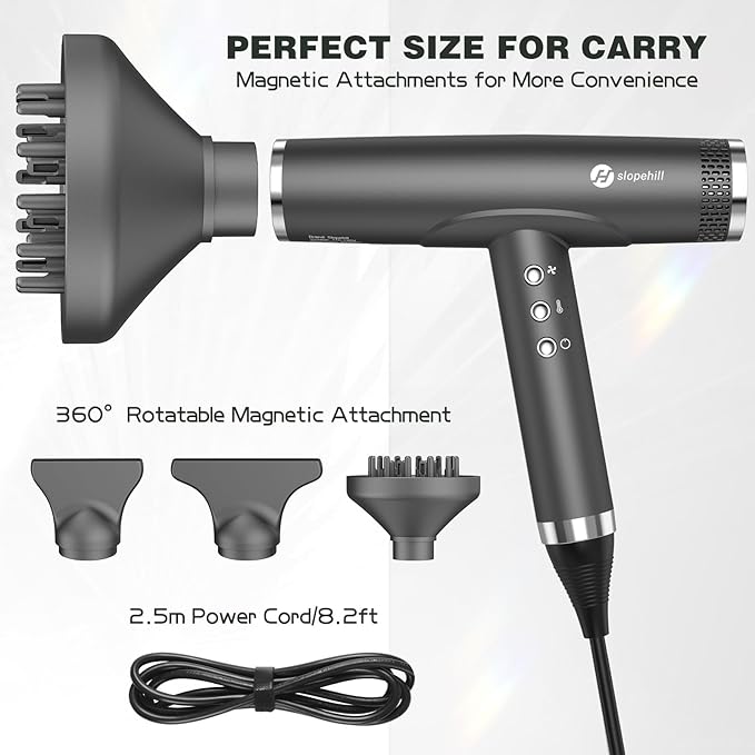 slopehill Professional Ionic Hair Dryer with Diffuser - Lightweight Compact Powerful &amp Fast Salon Blow Dryer with High Speed Brushless Motor for Travel Women &amp Men (Ceramic Dark)