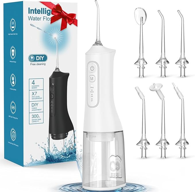 Water Flosser Rechargeable 300ML IPX7 Waterproof Cordless Portable Oral Irrigator with 4 Modes &amp 6 Replaceable Jet Tips-Professional Flossing Cleaner for Daily Home Use