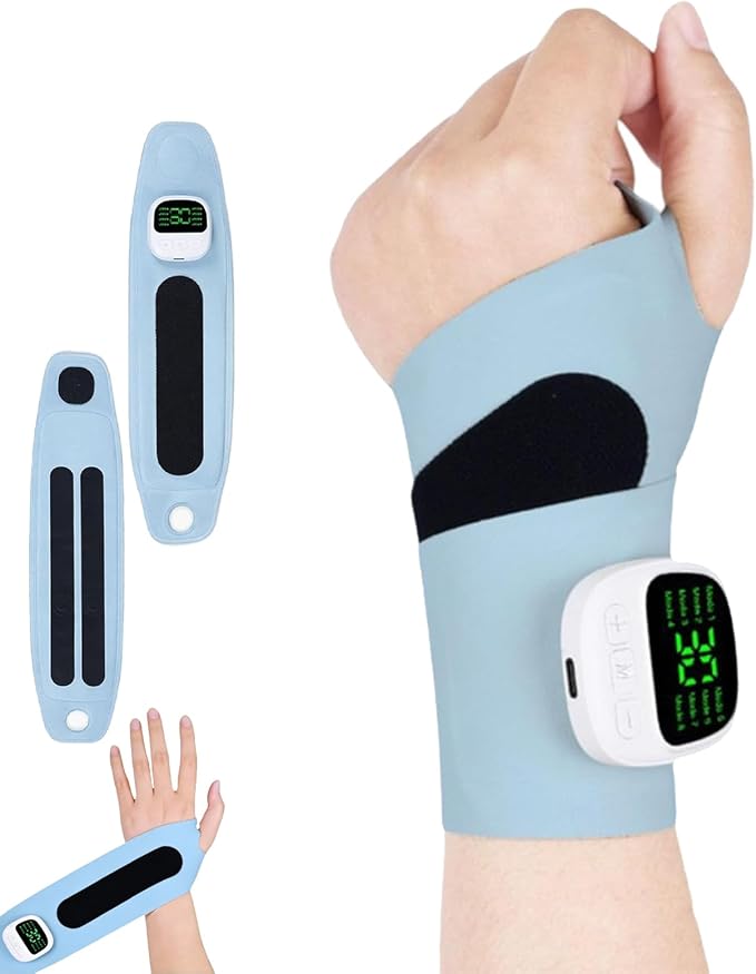 Rechargeable Adjustable Electric Wrist Massager Portable Cordless Hand Heating Pad with 8 Modes Heating Pad with 8 Modes &amp 30 Intensity Levels Magnetic Detachable Host (Blue)