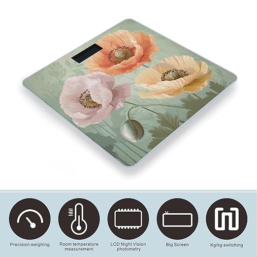 Pastel Poppies Scale for Body Weight Anti-Slip Digital Bathroom Scale Sturdy Toughened Glass Weighing Scales High Precision Safe Rounded Corners Smart Scales