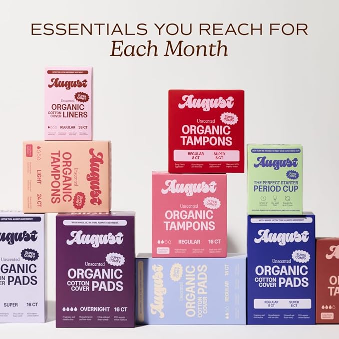 August Light Tampons - 72-Pack 100% Organic Cotton Tampons for Women and Anyone Who Menstruates Non-Toxic Fragrance-Free and Hypoallergenic with Long Applicators (3 Boxes of 24)