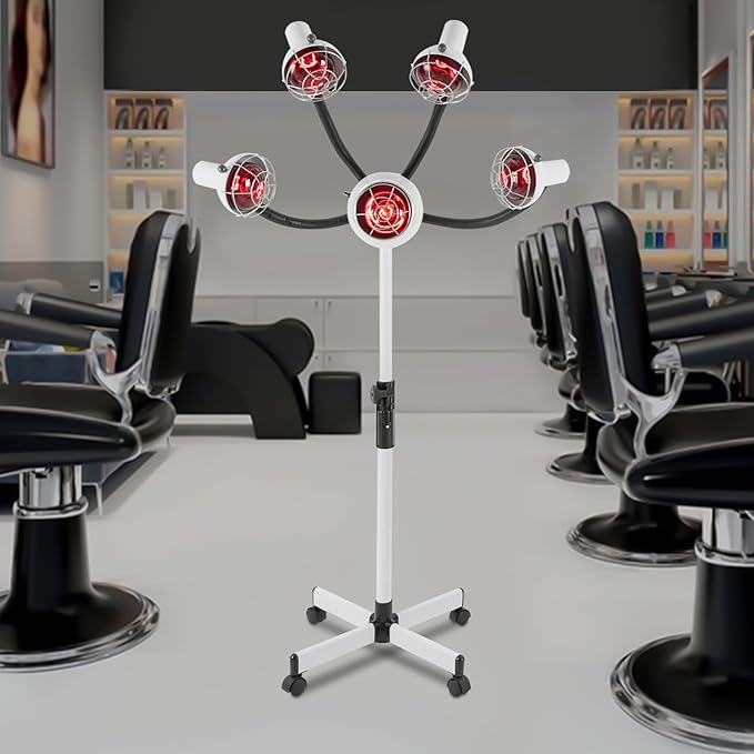 5 Head 750W Infrared Heat Lamp Standing Salon Hair Dryer Adjustable Height Styling Perm Dryer Mobile White Metal Hair Heater with Wheels and Temp Control (104-176°F) Flexible Arms