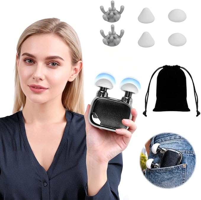 Mini Handheld Massager - Portable Electric Dual Head Massager for Neck Shoulder Back &amp Body Muscle Relief - Compact Personal Massage Device with Travel Pouch