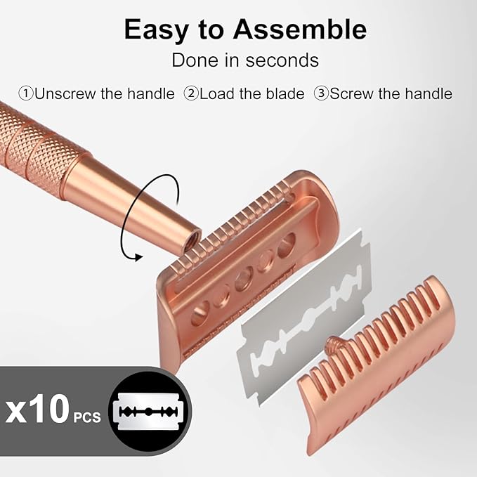 Rose Gold Stainless Steel Safety Razor with Razor Blade Disposal Container