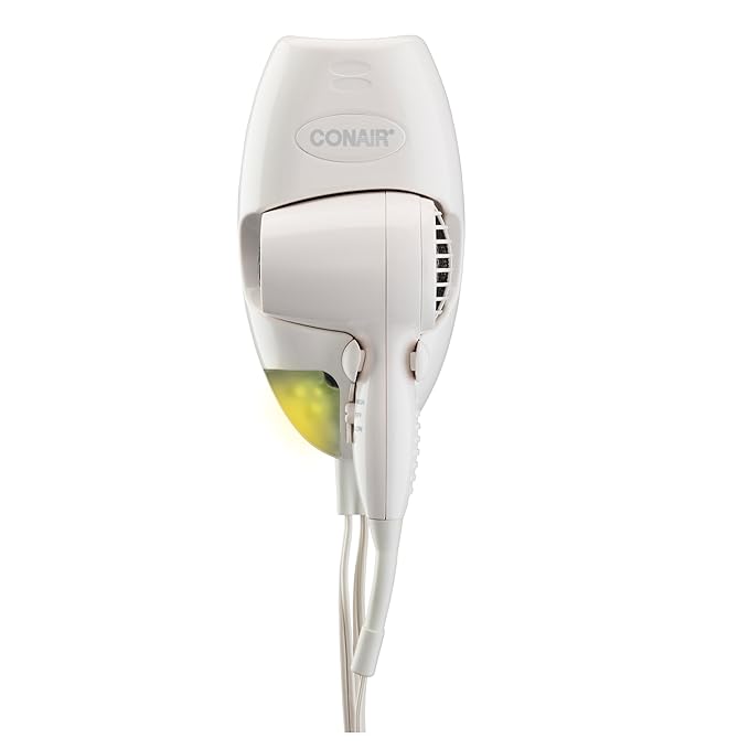 Conair Wall-Mount Hair Dryer 1600W Blow Dryer with LED Nightlight 2 Heat 2 Speed Settings White