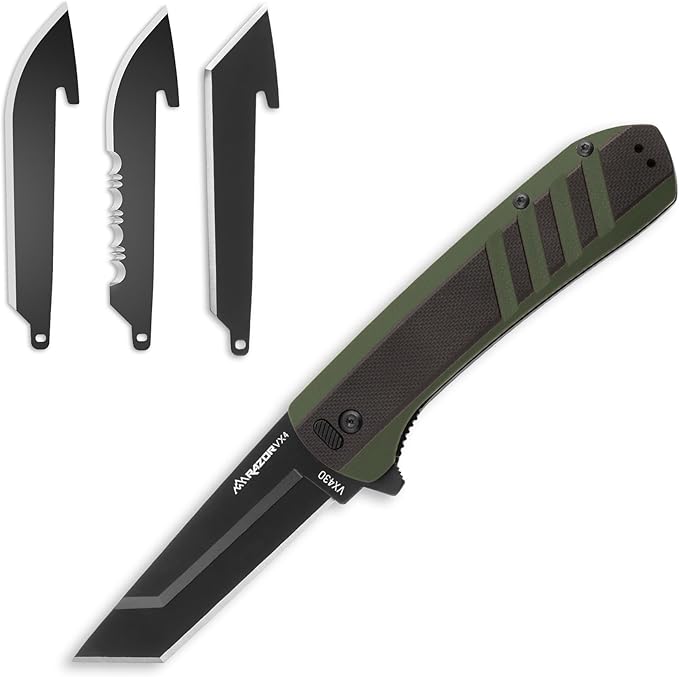OUTDOOR EDGE Razor VX4 – 3 Replaceable Blade Folding Knife – Black Tanto Blade – Black G10 Over Green Handle – Reversible Clip – EDC Outdoor &amp Survival