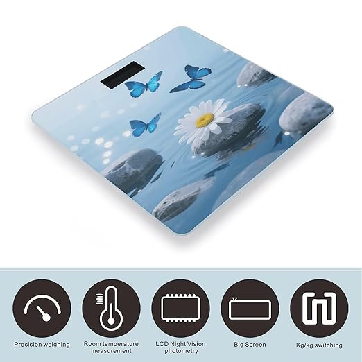 Flower and Butterfly Zen Stone Weight Scale Cute Bathroom Scale for Body Highly Accurate Digital Weighing Machine for People Compact LCD Display Scales with Sturdy Toughened Glass Scales