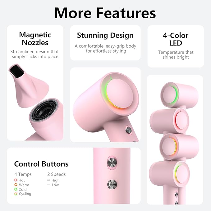 Hair Dryer 160000 RPM Professional High-Speed Blow Dryer 500 Millions Negative Ionic Care Hair Dryer for Fast Drying Low Noise Thermo-Control Hairdryer Travel with Magnetic Diffuser &amp Nozzle P