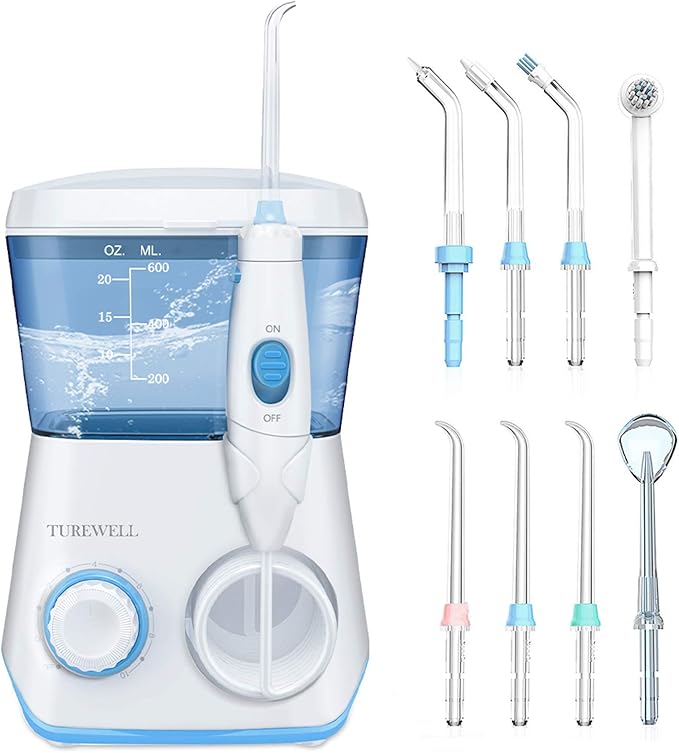 TUREWELL Water Flossing Oral Irrigator 600ML Dental Cleaner 10 Adjustable Pressure Electric Oral Flosser for Teeth/Braces 8 Replacement Jet Tips for Family (White)