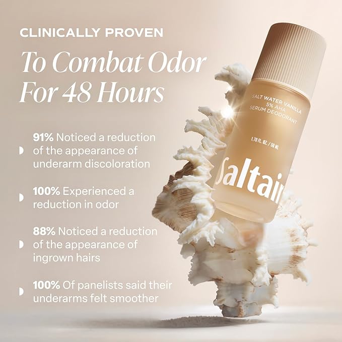 Saltair Serum Deodorant 2 Pack – Salt Water Vanilla Scent – 5% AHA – Aluminum-Free Odor Control for Women &amp Men – Mandelic Acid Deodorant with Lactic Acid – 2x 1.7oz Travel Roll On