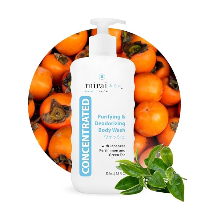 Mirai Clinical Body Wash for Strong Body Odor - Renewing Body Purifying &amp Deodorizing with Natural Persimmon &amp Green Tea Extracts - Nonenal® Eliminator for Women &amp Men - 9.29 Fl oz