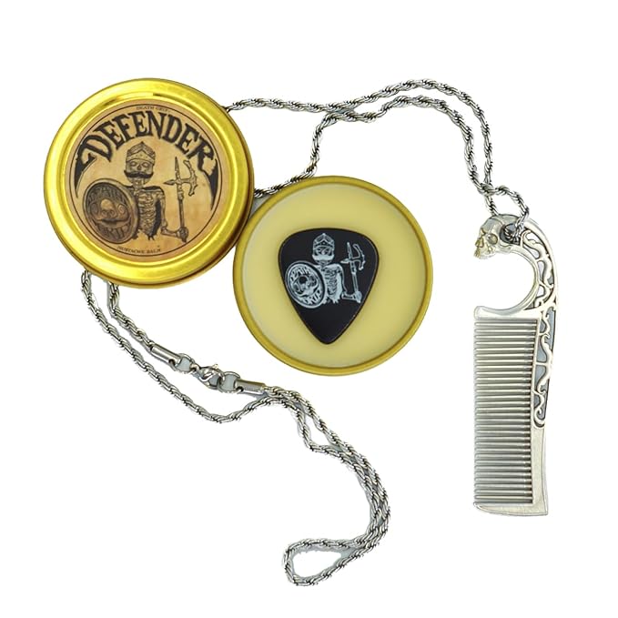 Defender Mustache Balm 1 oz Tin &amp Necklace Death Grip Mustache Comb Mens Combo Kit - Grooming For Men Handlebar Moustache