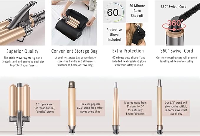 Mr Big Triple Waver Curling Iron Set for Beachy Waves has the 4 Most Used Wands 1” Waver Crimper &amp Wands from ½” to 1.25” Great for Long Hair Travel Bag &amp Accessories Fast Heat for All Ha