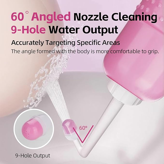 Peri Bottle for Elderly Handheld: Angled &amp Straight Nozzles 17oz Ideal for Feminine Hygiene Perineal Cleansing and Hemorrhoid Treatment (Pink)