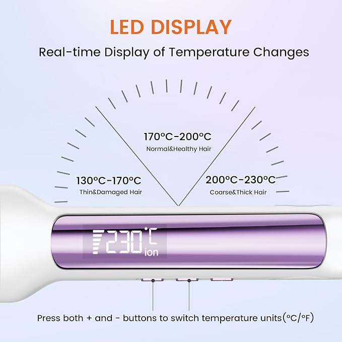 Faszin Professional Hair Straightener 1.65inch Wide-Plate Titanium Negative Ion Flat Iron 30s Rapid Heating LED Temp Display Wide Voltage &amp 10 Adjustable Temp Levels (260-450℉)-Cream-White