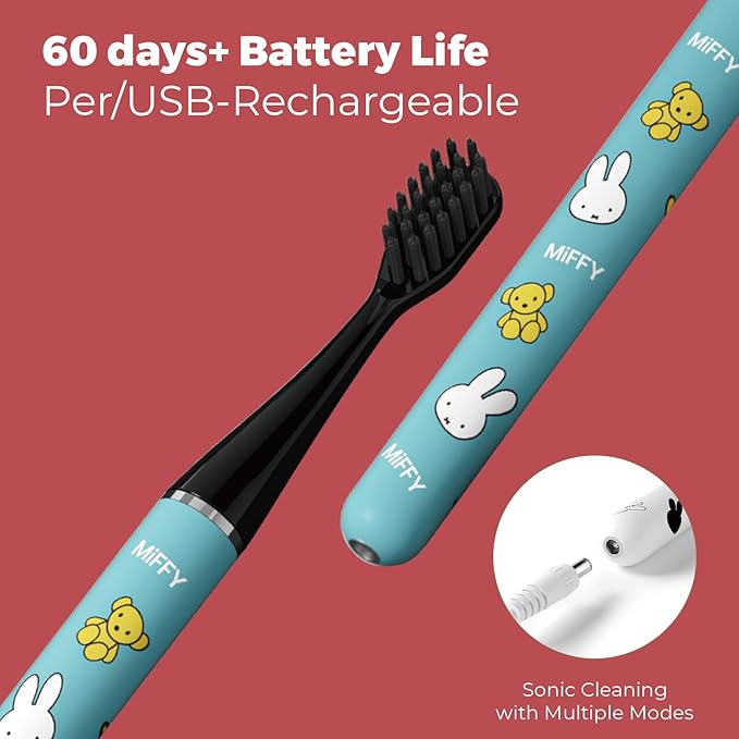 MIPOW Miffy BrushGo i4 Slim Electric Toothbrush Sonic Vibration Rechargeable Magnetic Travel Case &amp Ceramic Holder Dock 60Day Long Battery Soft Bristles 2Heads IPX7 Waterproof (Blue)