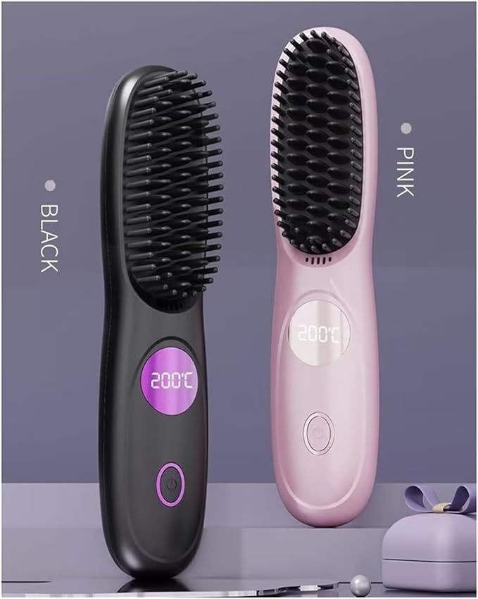 Cordless Hair Straightener Brush Portable Mini Hair Straightening Brush with 3 Temperature Settings &amp LED Display USB Rechargeable Fast Heating Hairs Brush for Travel(Pink)