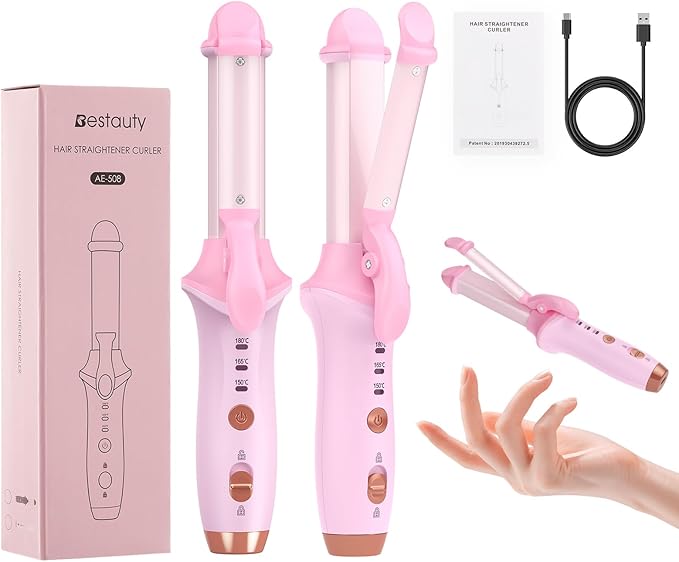 Bestauty Small Cordless Curling Iron 1 inch Mini Dual Purpose Curling/Flat Iron - Hair Straightener and Curler 2 in 1 Rechargeable Wireless Travel Hair Curling Iron for Short Hair (Pink)