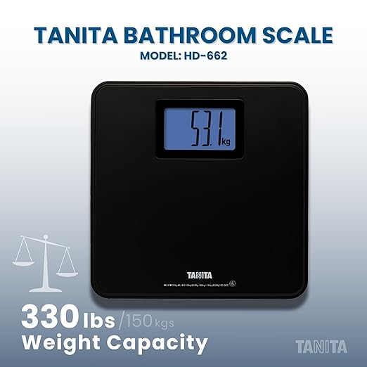 Tanita HD-662 Digital Weight Scale (Black) - Japan Technology Bathroom Scale with 330 lb Weight Capacity - 2 Blue Backlit Large LCD Display - Accurate Durable Step-On Operation