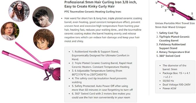Hair Curler 9mm Ceramic Curling Iron Wand for Men/Women Short/Long Hair Small Barrel Hair Crimper Iron with 6 Temp Adjustment