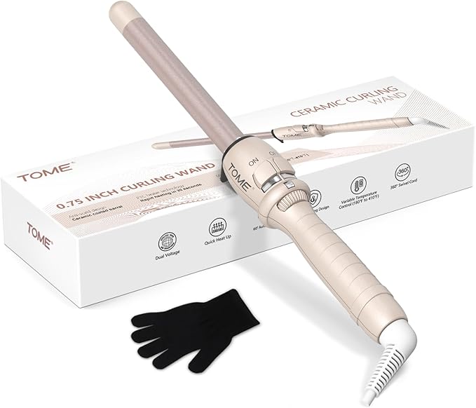ToMe 3/4 Inch Curling Wand Ceramic Small Barrel Curling Iron for Short &amp Long Hair with Glove Included Adjustable Temperature Auto-Off Dual Voltage Travel Curling Iron