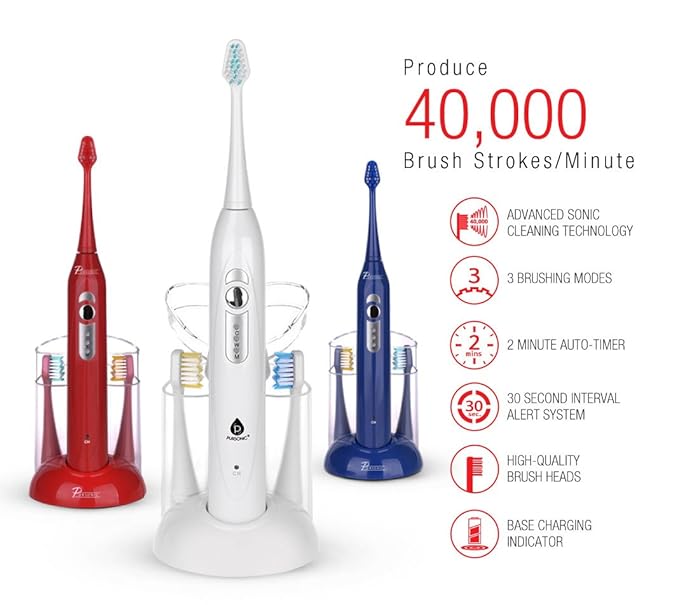 Pursonic S430 SmartSeries Electronic Power Rechargeable Sonic Toothbrush 12 Brush Heads Included Red
