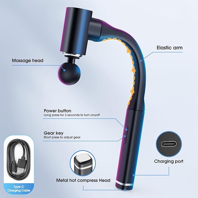 Massage Gun with Upgraded Extension Handle Back and Neck Massage for Pain Relief 12MM Portable Muscle Pain Relief for Back Neck Waist 4 Massage Heads &amp 5 Speed Levels