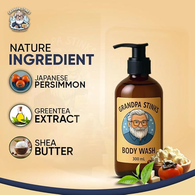 Grandpa Stinks® Body Wash – Persimmon &amp Green Tea Deodorizing Cleanser – Natural Odor Eliminator for Men – Hydrating Daily Shower Gel with Shea Butter – 10.14 fl oz