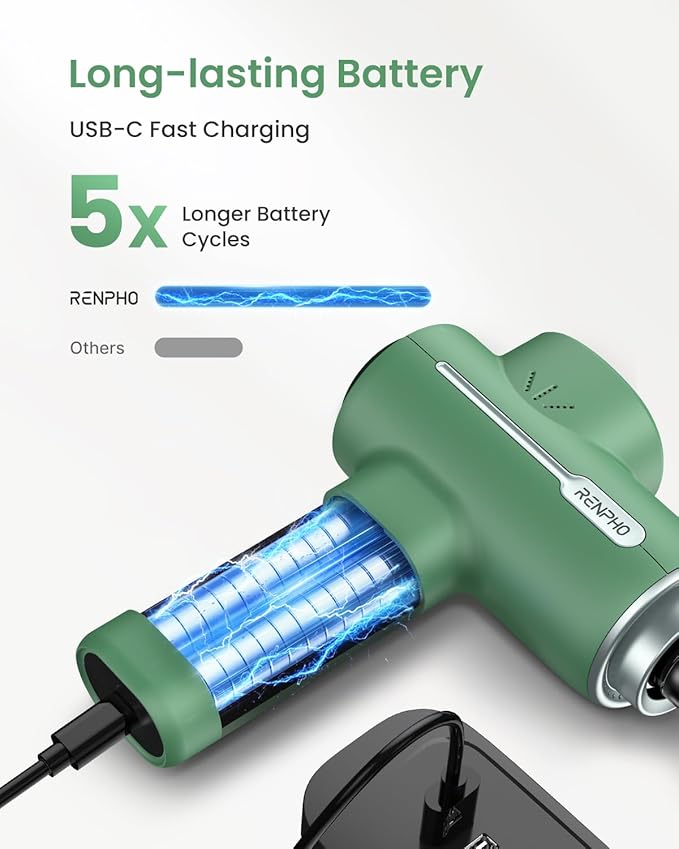 RENPHO Active Massage Gun Deep Tissue Percussion Massager for Back and Neck Portable Handheld Massager with 5 Speeds 5 Attachments Carry Case Green