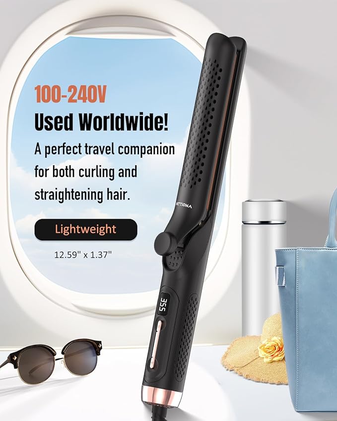 RACCOMB Salon 2 in 1 Curling Iron 1.25 Inch Hair Straightener and Curler 360° Airflow Styler Ionic Ceramic Hair Wand Dual Voltage Black