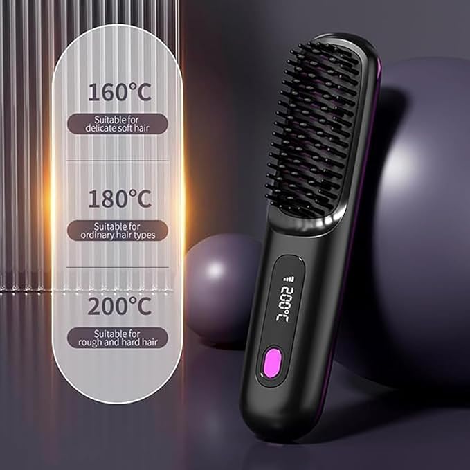 Cordless Hair Straightener Brush Portable Mini Hair Straightening with 3 Temperature Settings &amp Led Display Usb Rechargeable Fast Heating Hairs for Travel(Pink)