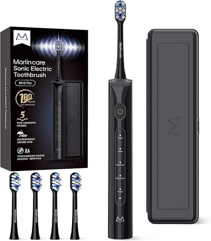 Electric Toothbrush for Adults 180 Days Battery Life Rechargeable Sonic Toothbrush with 4 Brush Heads Smart Timer 55000VPM for Deep Cleaning &amp Whitening with 5 Modes Travel Case Black
