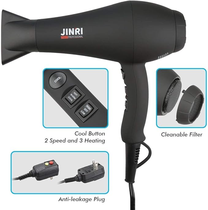 Hair Dryer 1875W Negative Ionic Fast Dry Low Noise Blow Dryer Professional Salon Hair Dryers with Diffuser Concentrator Styling Pik 2 Speed and 3 Heat Settings (Bk)