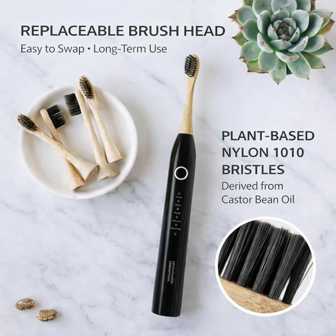 Sustainable Tomorrow Zen Bamboo Electric Toothbrush Durable Wood-Grain ABS Handle Rechargeable w/Plant-Based Soft Bristles Bamboo Heads 5 Modes &amp 30-Day Battery (Black)