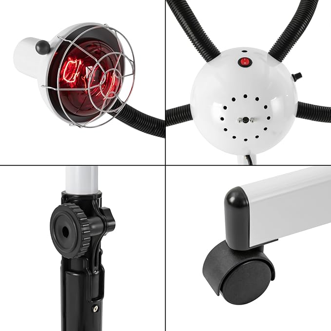 5 Head 750W Infrared Heat Lamp Standing Salon Hair Dryer Adjustable Height Styling Perm Dryer Mobile White Metal Hair Heater with Wheels and Temp Control (104-176°F) Flexible Arms