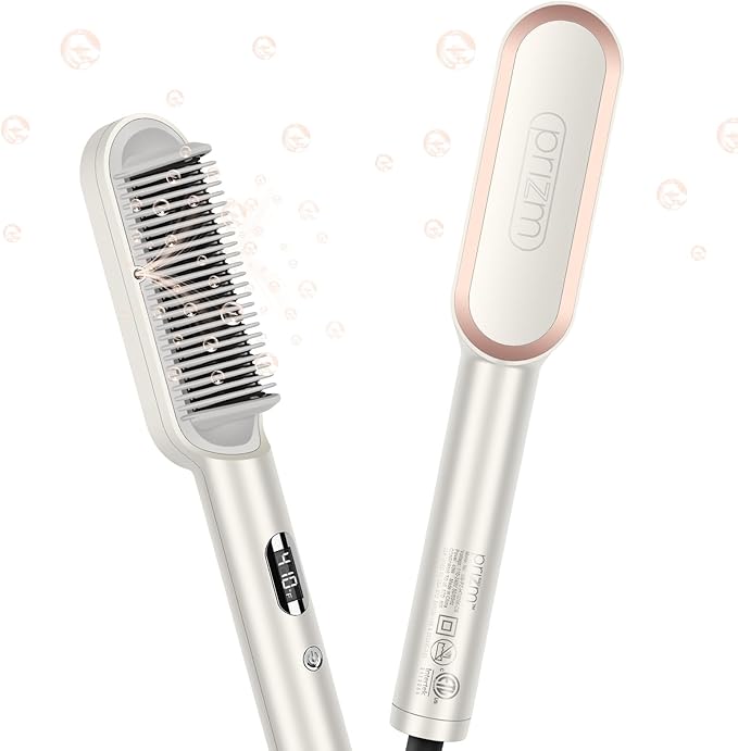 Prizm Hair Straightener Brush 20s Fast Heating Negative Ions Hair Straightening Comb with Less Frizz 4 Temp Settings &amp LED Display Anti-Scald Design for Home Salon Dual Voltage Champagne Sil