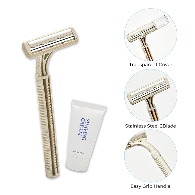 Disposable Shave Kit for Men &ampWomen - 100 Pcs Wheat Straw Razors and Cream Bulk Individually Wrapped Portable Toiletries Amenities for Hotel Airbnb Homeless Shelter Charity Camping and Trave