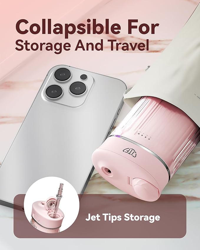 JTF Portable Water Flosser for Travel: Compact Mini Design 3 Modes &amp 8 DIY Pressure Levels for Sensitive Teeth &amp Braces - with 5 Nozzles &amp Removable 230ml Tank Cordless Oral Irrigator fo