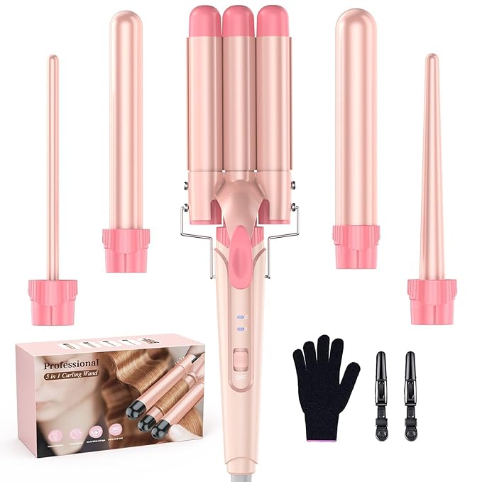 Waver Curling Iron Wand - BESTOPE PRO 5 in 1 Curling Wand Set with 3 Barrel Hair Crimper for Women Fast Heating Crimper Wand Curler in All Hair Type Women Gifts - Leather Pink
