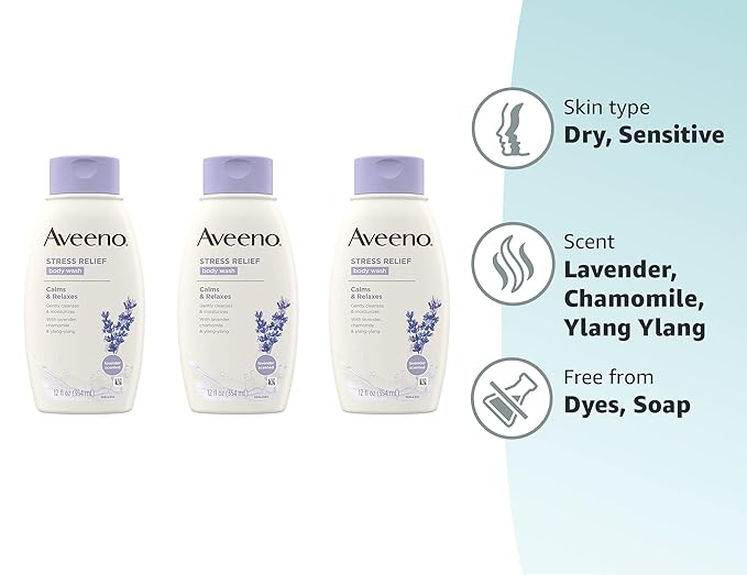 Aveeno Stress Relief Body Wash with Soothing Oat Lavender Chamomile &amp Ylang-Ylang Essential Oils Hypoallergenic Dye-Free &amp Soap-Free Calming Body Wash 12 fl. Oz (Pack of 3)