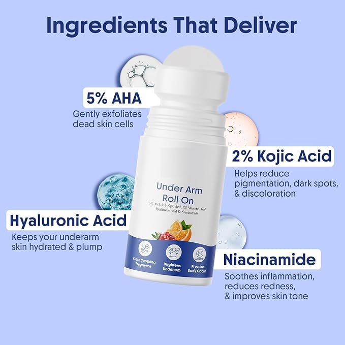 AM Cooling Underarm Roll-On | 5% AHA 2% Kojic Acid &amp 1% Mandelic Acid | Controls Odour &amp Sweat | Reduces Pigmentation &amp Exfoliates | Alcohol-Free &amp Aluminium-Free 50ml
