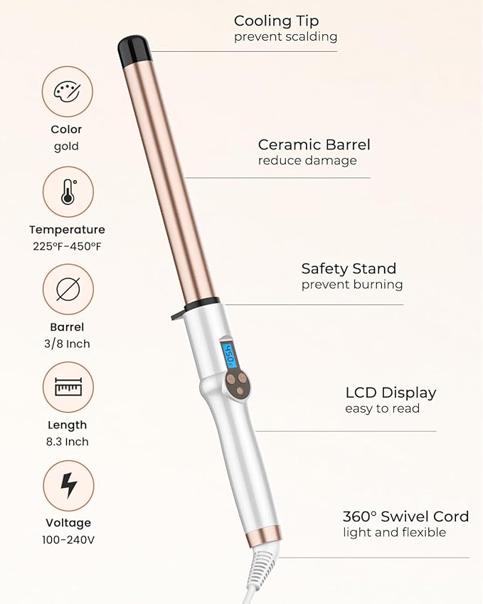 1 Inch Extra Long Barrel Curling Wand Ceramic Tourmaline Curling Wand Professional Dual Voltage with Adjustable Temperature